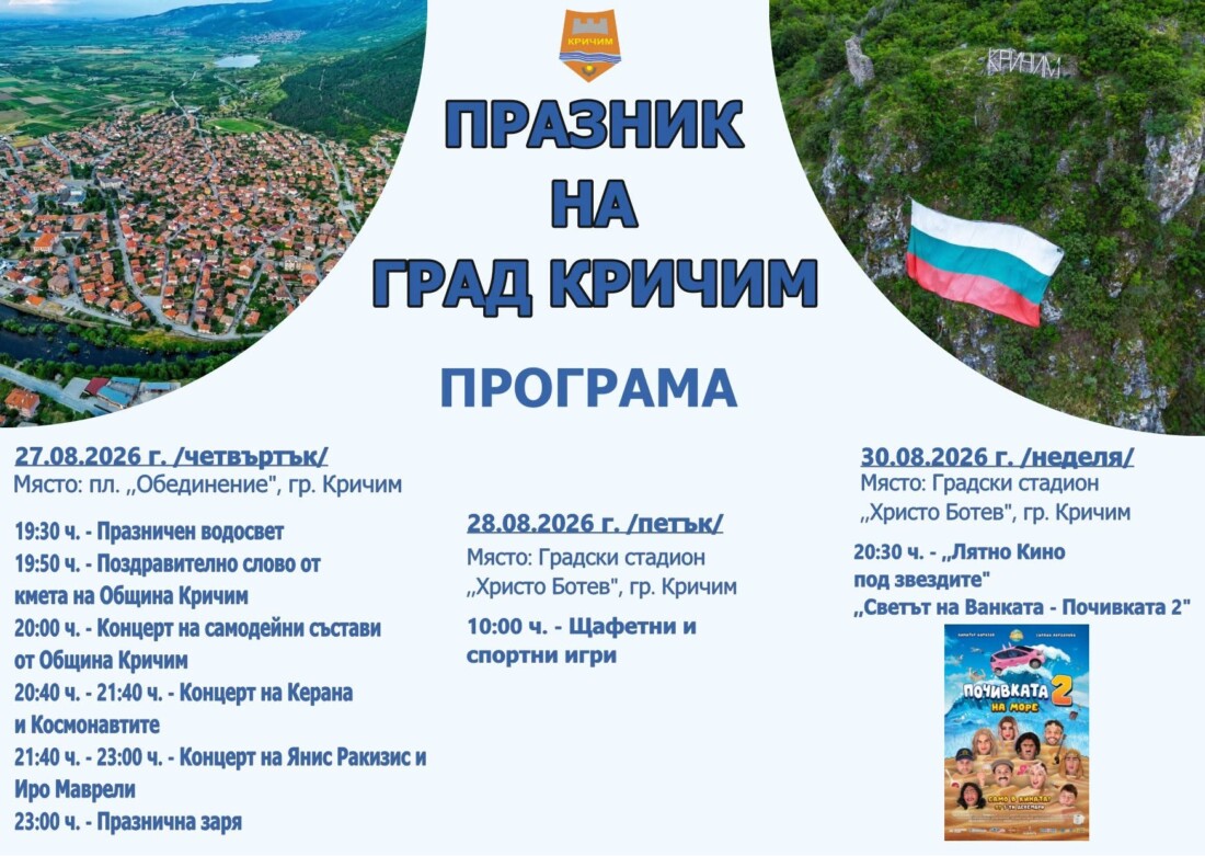 "Кричим има бъдеще": С тридневна програма градът отбелязва своя празник 1 "Кричим има бъдеще": С тридневна програма градът отбелязва своя празник